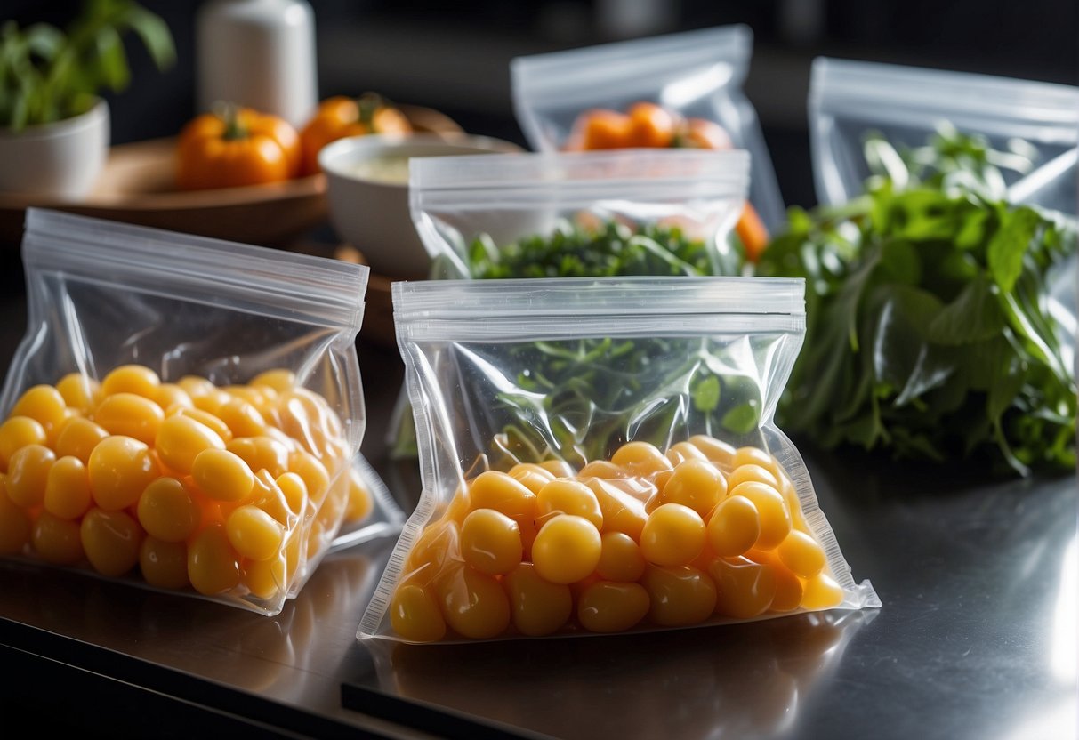 Food ingredients being vacuum-sealed in plastic bags, immersed in a water bath, and cooked at precise temperatures for a sous vide Chinese recipe