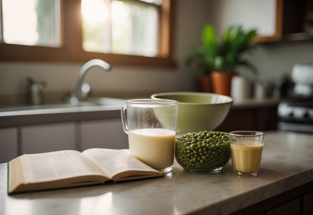 A bowl of soybeans soaking in water, a measuring cup of soy milk, and a Chinese recipe book open on a kitchen counter