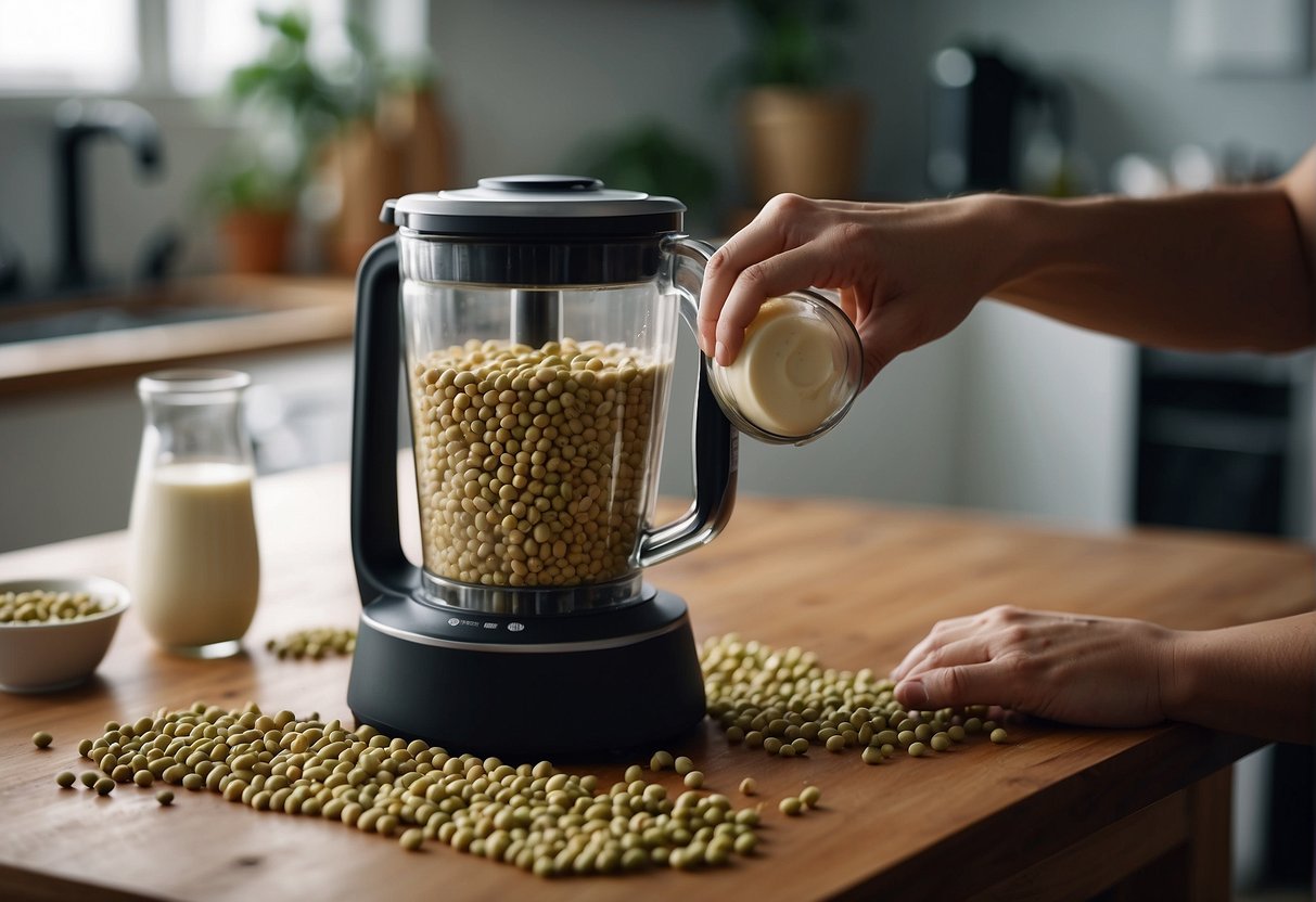 A hand pouring soybeans into a blender, adding water, and blending to create a smooth soy milk