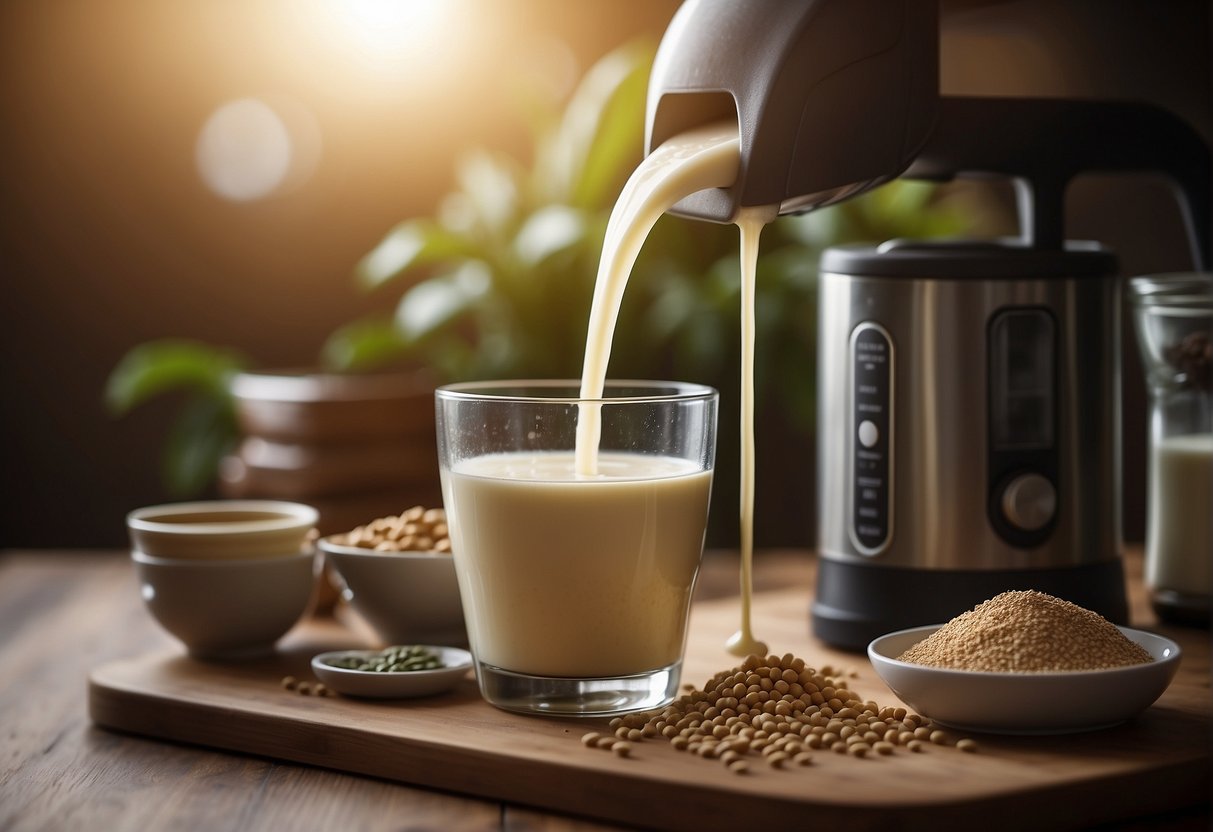A hand pouring soy milk into a blender with Chinese herbs and nutritional supplements for flavor and health benefits