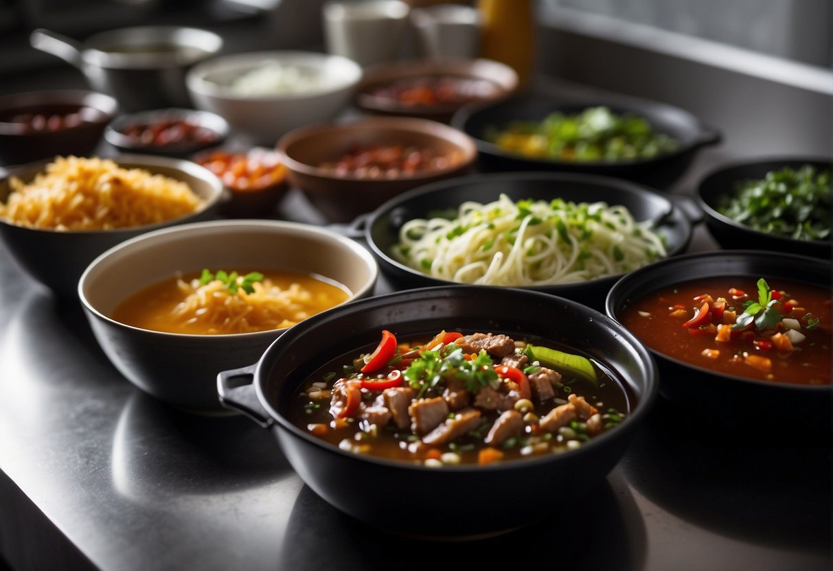 Various Chinese sauces and marinades are being carefully prepared and perfected through the sous vide cooking method. Ingredients and cooking equipment are neatly arranged in a modern kitchen setting