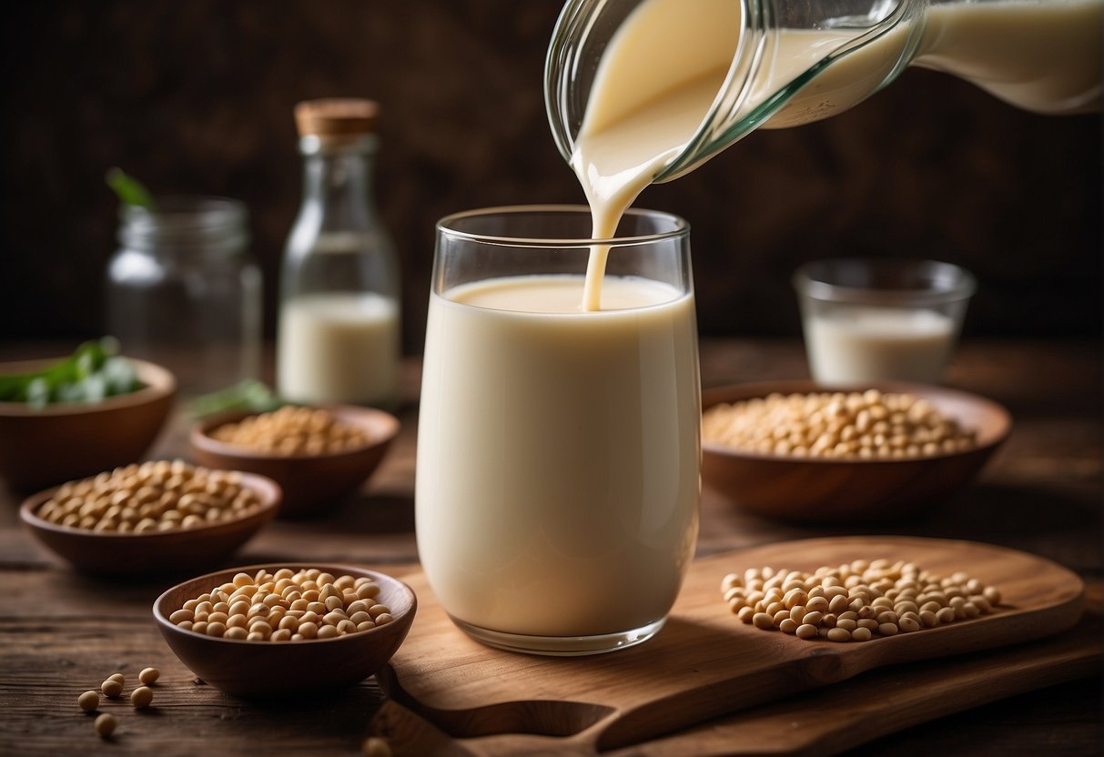 A hand pouring soy milk into a glass jar, with ingredients like soybeans and water nearby for a Chinese soy milk recipe