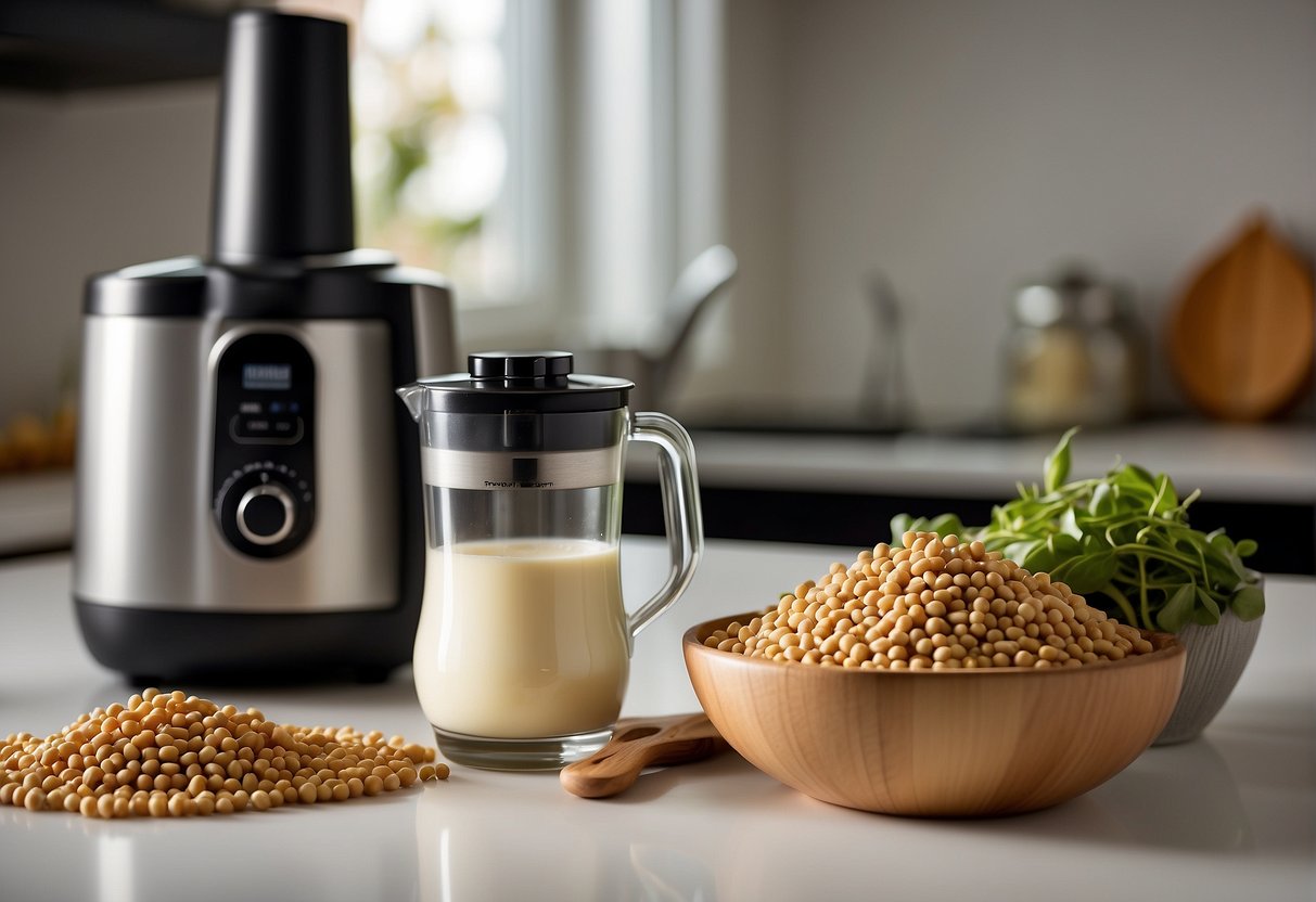 A bowl of soybeans, a blender, a strainer, and a pitcher of freshly made soy milk on a kitchen counter