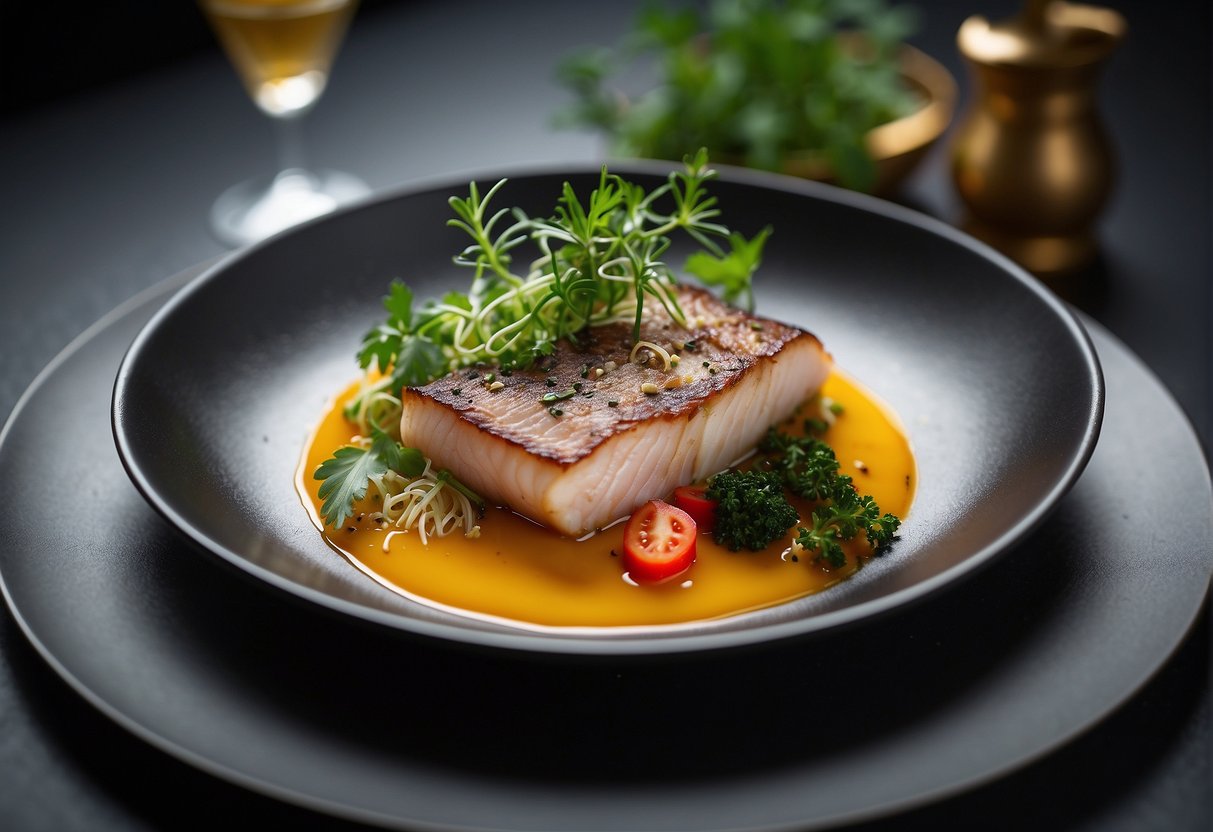 A beautifully plated dish of sous vide Chinese cuisine, garnished with fresh herbs and served on a stylish, modern dish