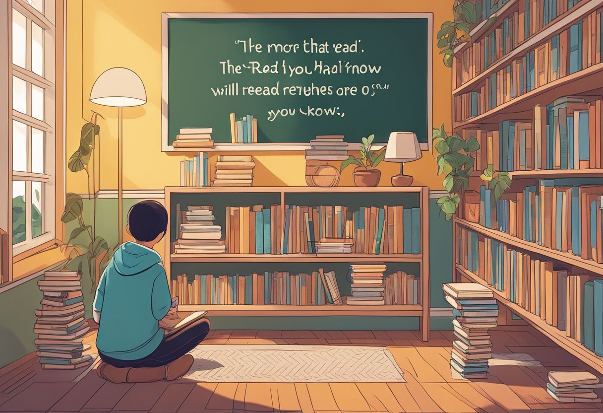 A cozy, sunlit room with a stack of well-loved books and a child's hand reaching for one. A chalkboard on the wall displays a quote: "The more that you read, the more things you will know."