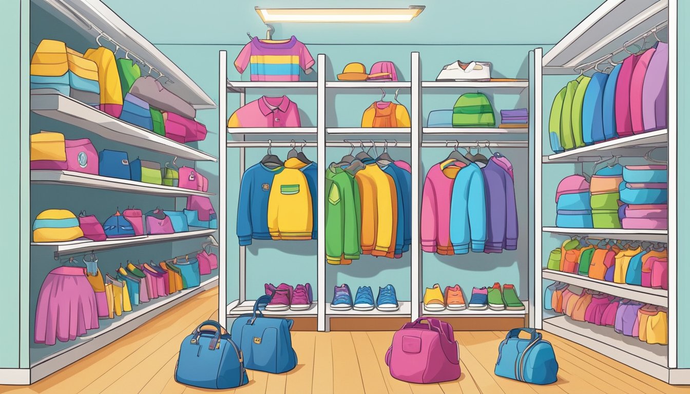 A colorful array of children's clothing displayed on shelves and racks, with various sizes and styles available. Online shopping website shown on a computer screen