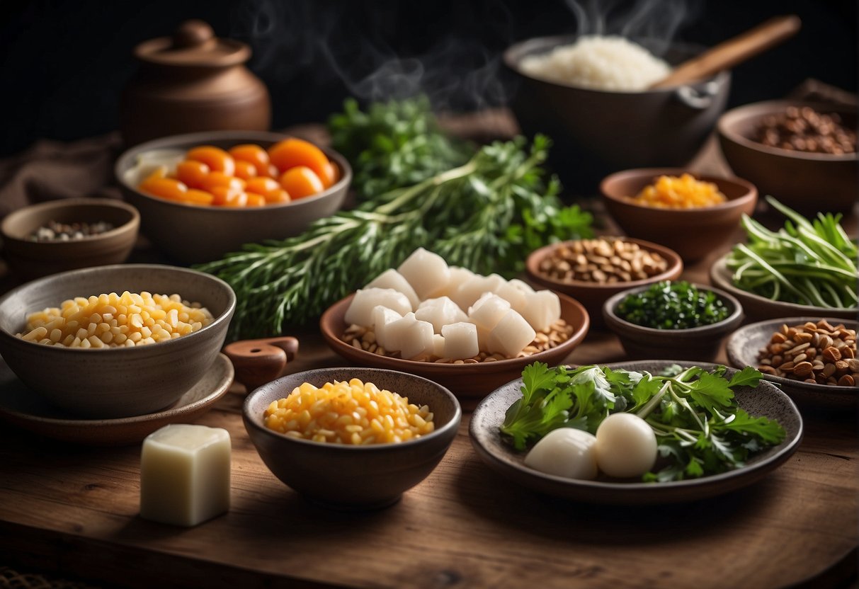 A table spread with various Chinese ingredients and cooking utensils for sous vide recipes