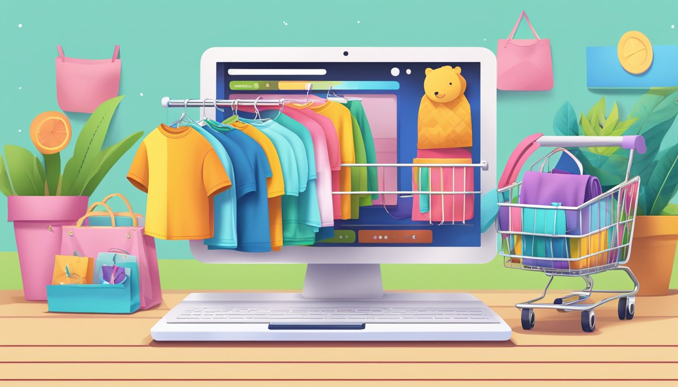 A computer with a colorful and engaging website displaying kids' clothing options, a FAQ section, and a shopping cart icon