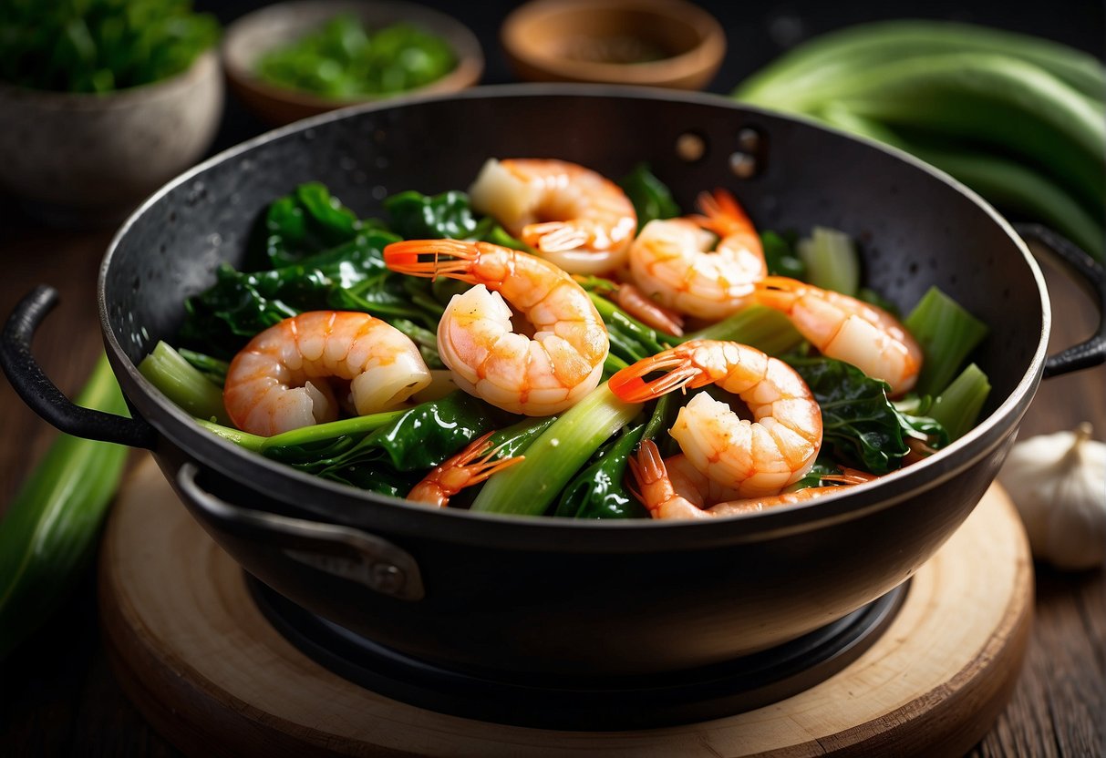 A wok sizzles with plump prawns in a rich soy sauce glaze, surrounded by vibrant green bok choy and fragrant garlic and ginger