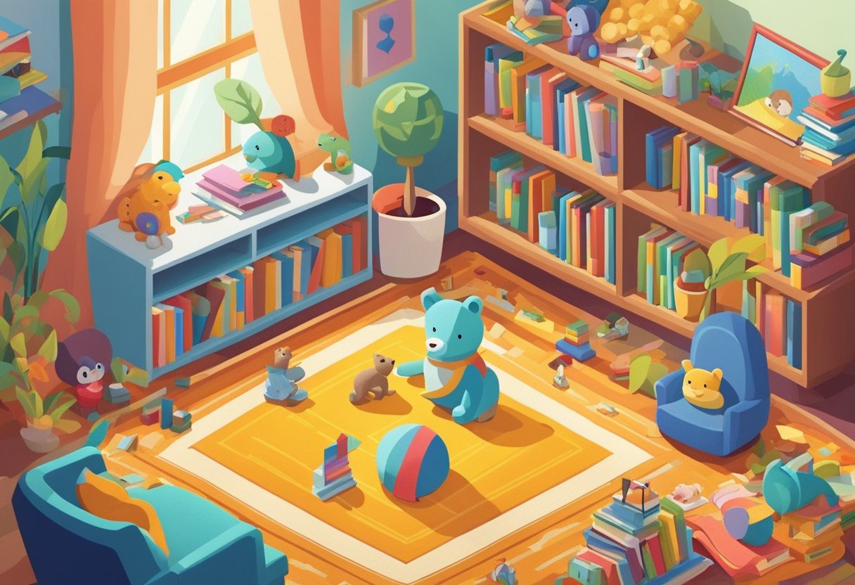 Children's toys scattered on a colorful rug, with a small bookshelf in the background filled with picture books and stuffed animals