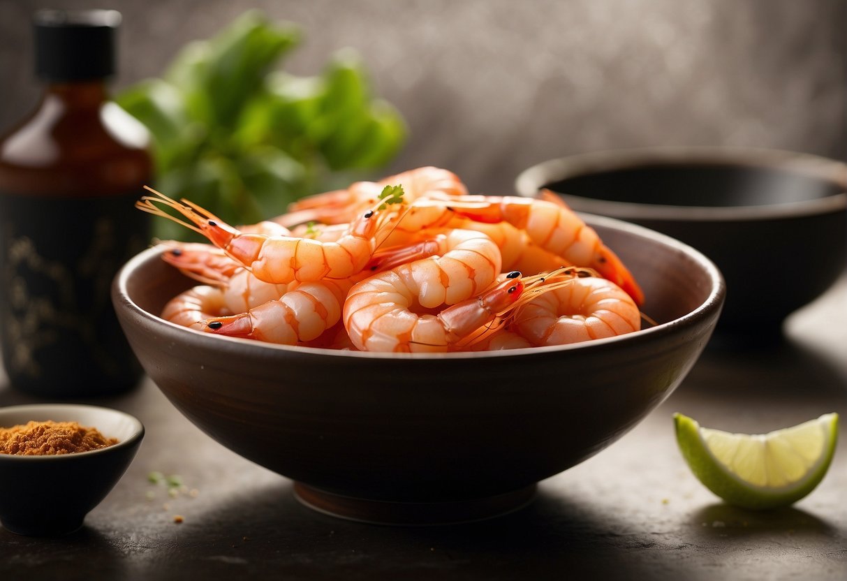 A bowl of prawns sits next to a bottle of soy sauce, with Chinese recipe ingredients scattered around