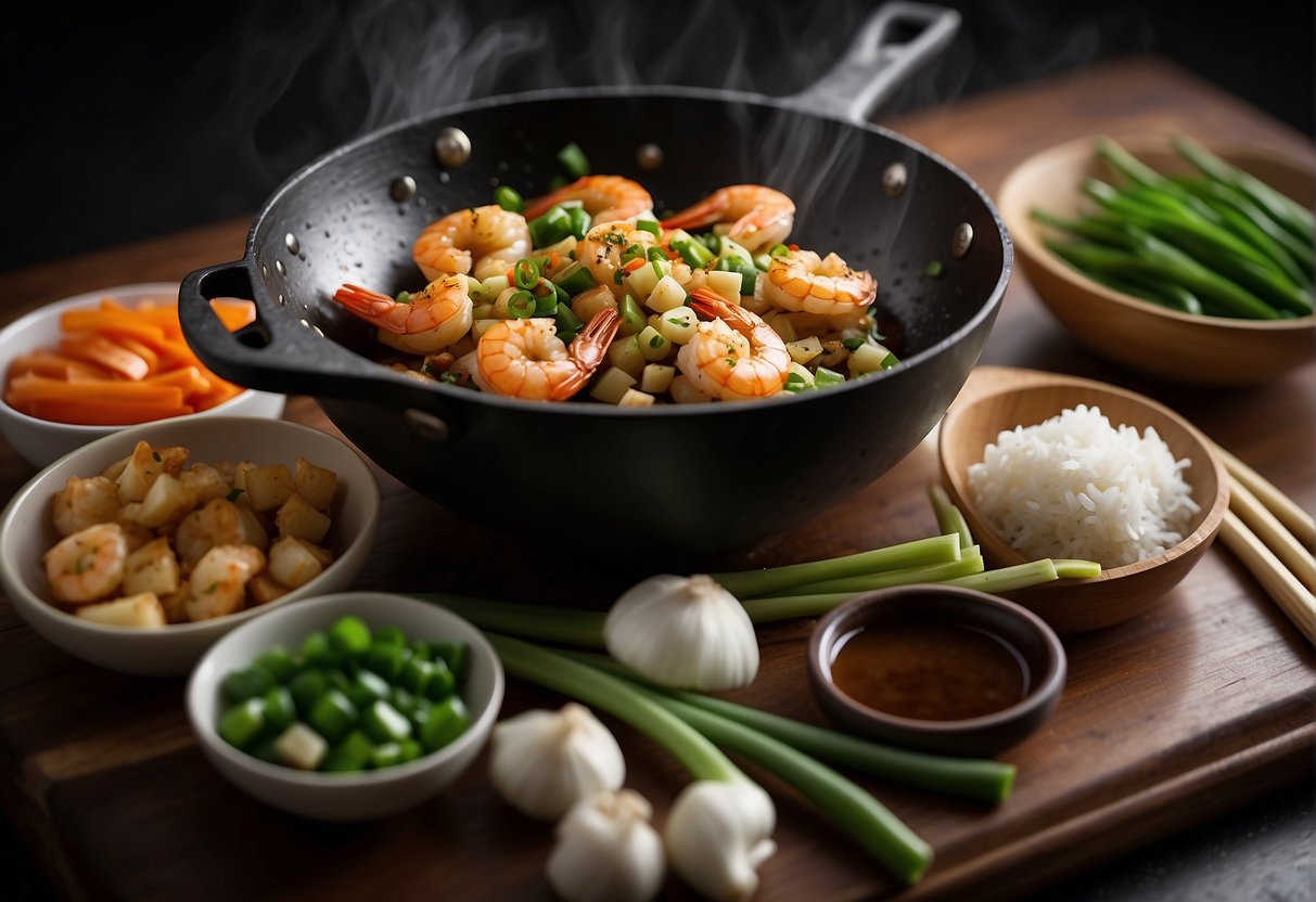 A wok sizzles with soy sauce prawns, surrounded by chopped ginger, garlic, and green onions. A small bowl of soy sauce sits nearby, ready to be added to the dish