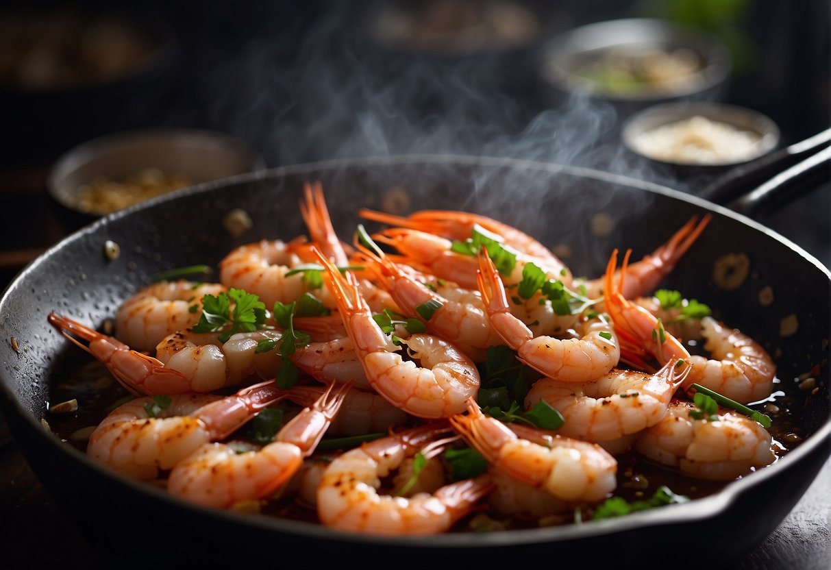 Prawns sizzle in a wok with soy sauce, garlic, and ginger. Steam rises as the prawns turn pink and the sauce thickens