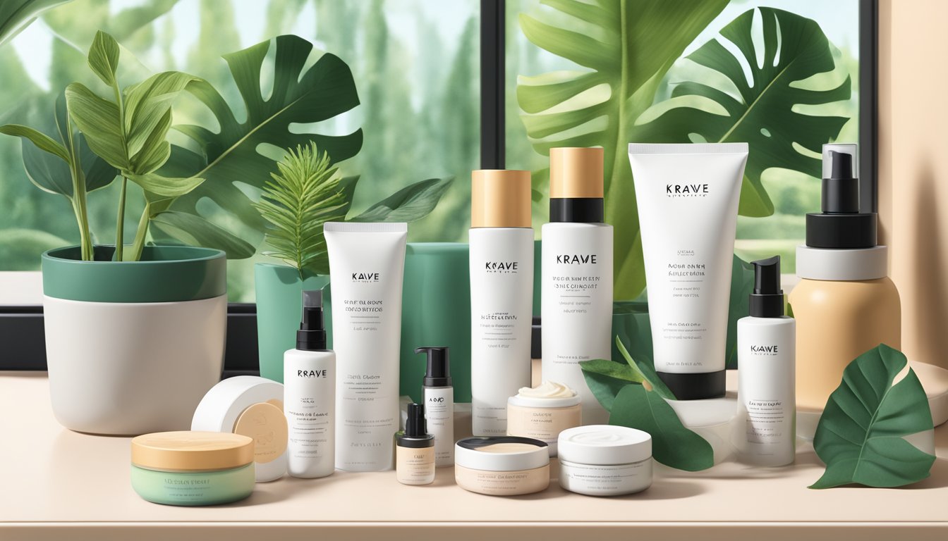 A table with Krave Beauty products arranged neatly, surrounded by lush green plants and natural light streaming in from a nearby window