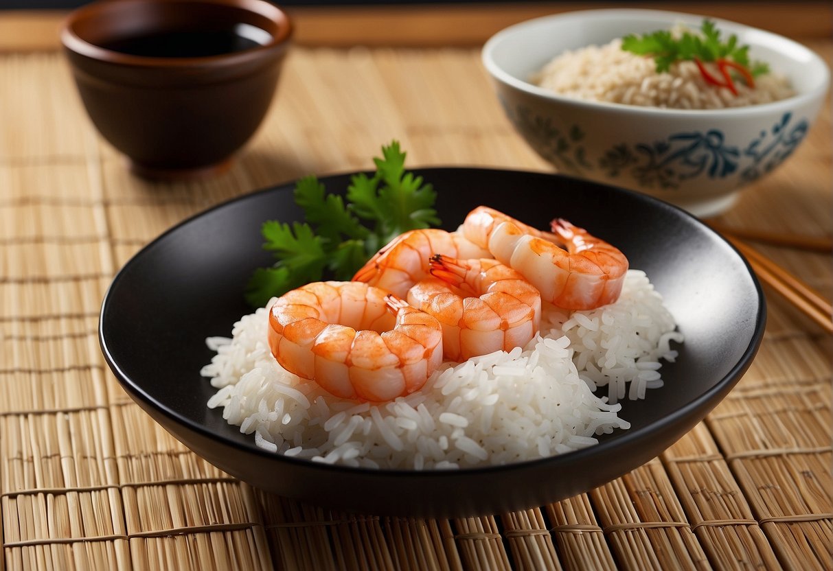 A plate of soy sauce prawns with chopsticks and a bowl of rice on a bamboo mat, with a Chinese recipe book in the background