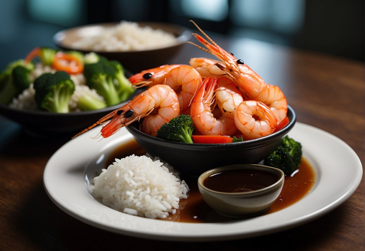 A plate of soy sauce prawns with Chinese stir-fried vegetables, accompanied by a side of steamed rice