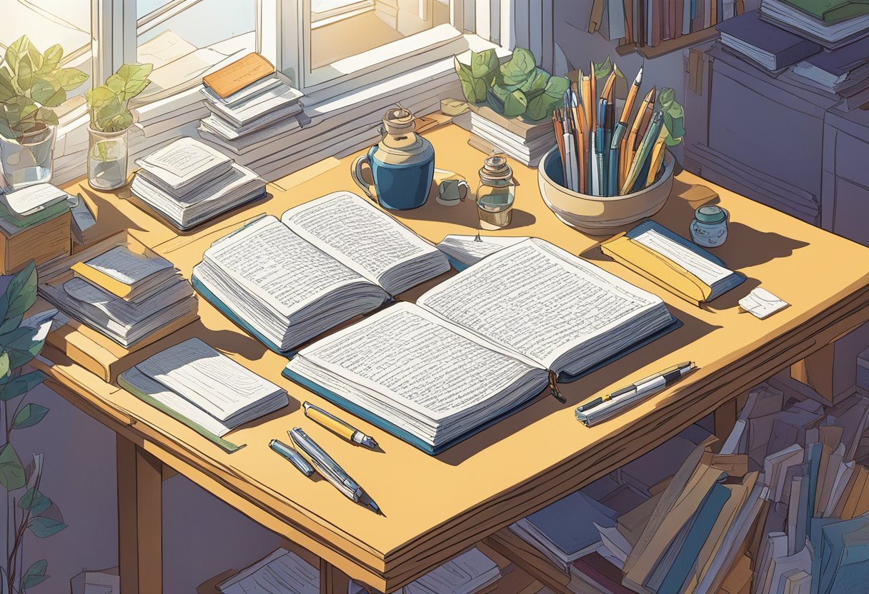 A desk cluttered with open journals, pens, and scattered quotes. Sunlight streams through a nearby window, casting shadows on the pages