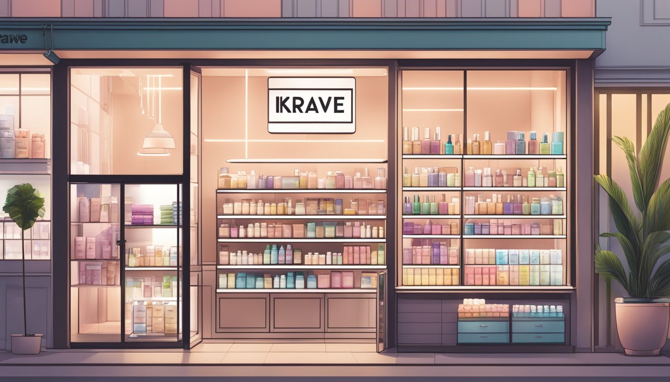 A brightly lit storefront in Singapore with a large sign reading "Krave Beauty" and shelves stocked with various skincare products