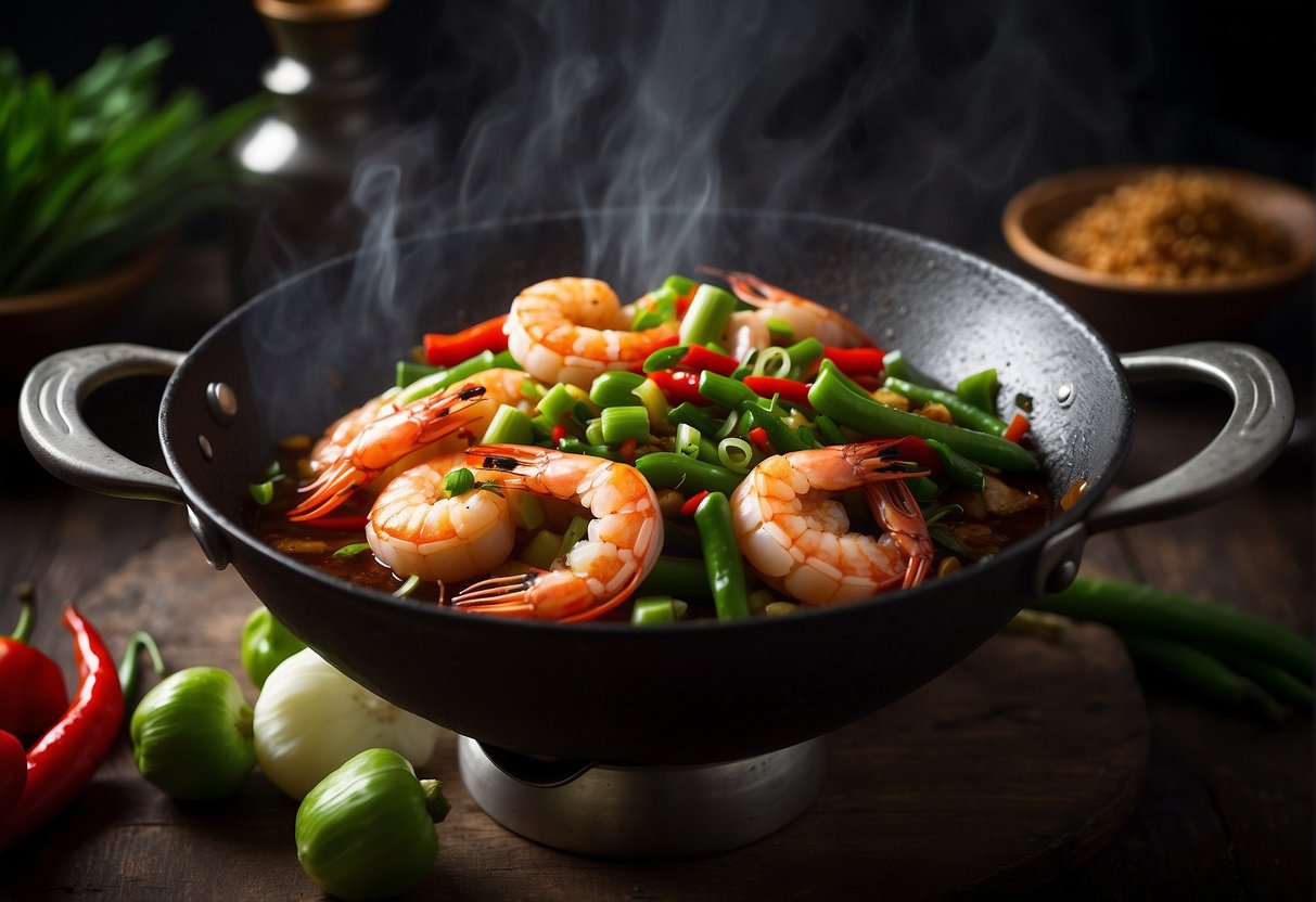 A sizzling wok filled with plump prawns bathed in a rich, glossy soy sauce glaze, surrounded by vibrant green spring onions and fiery red chili peppers