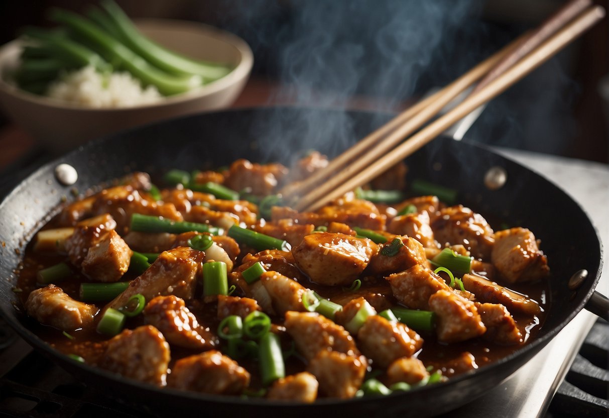 A wok sizzles as soya chicken simmers in a savory Chinese sauce, with garlic, ginger, and green onions adding aromatic flavors