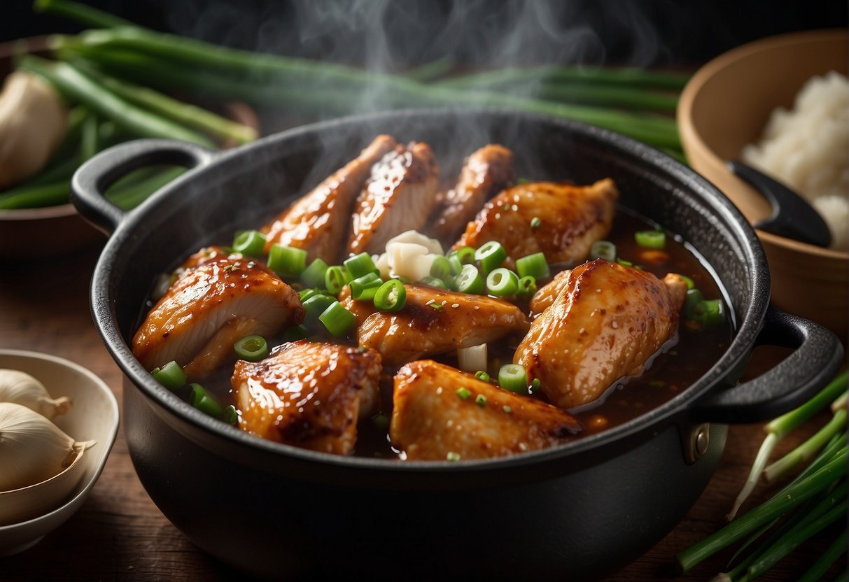 Soy sauce chicken simmering in a pot, surrounded by ginger, garlic, and green onions. Steam rising, rich aroma filling the air