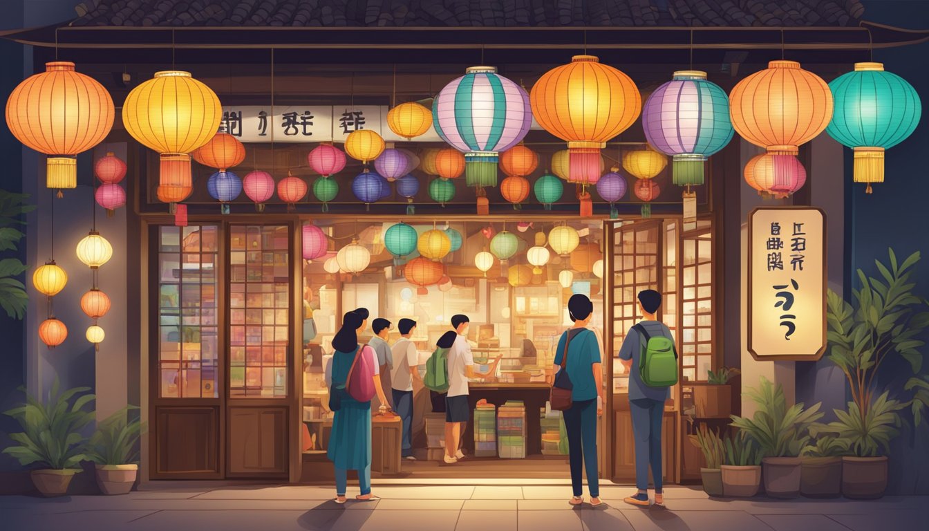 A lantern shop in Singapore with customers browsing, colorful lanterns hanging from the ceiling, and a sign reading "Frequently Asked Questions" displayed prominently