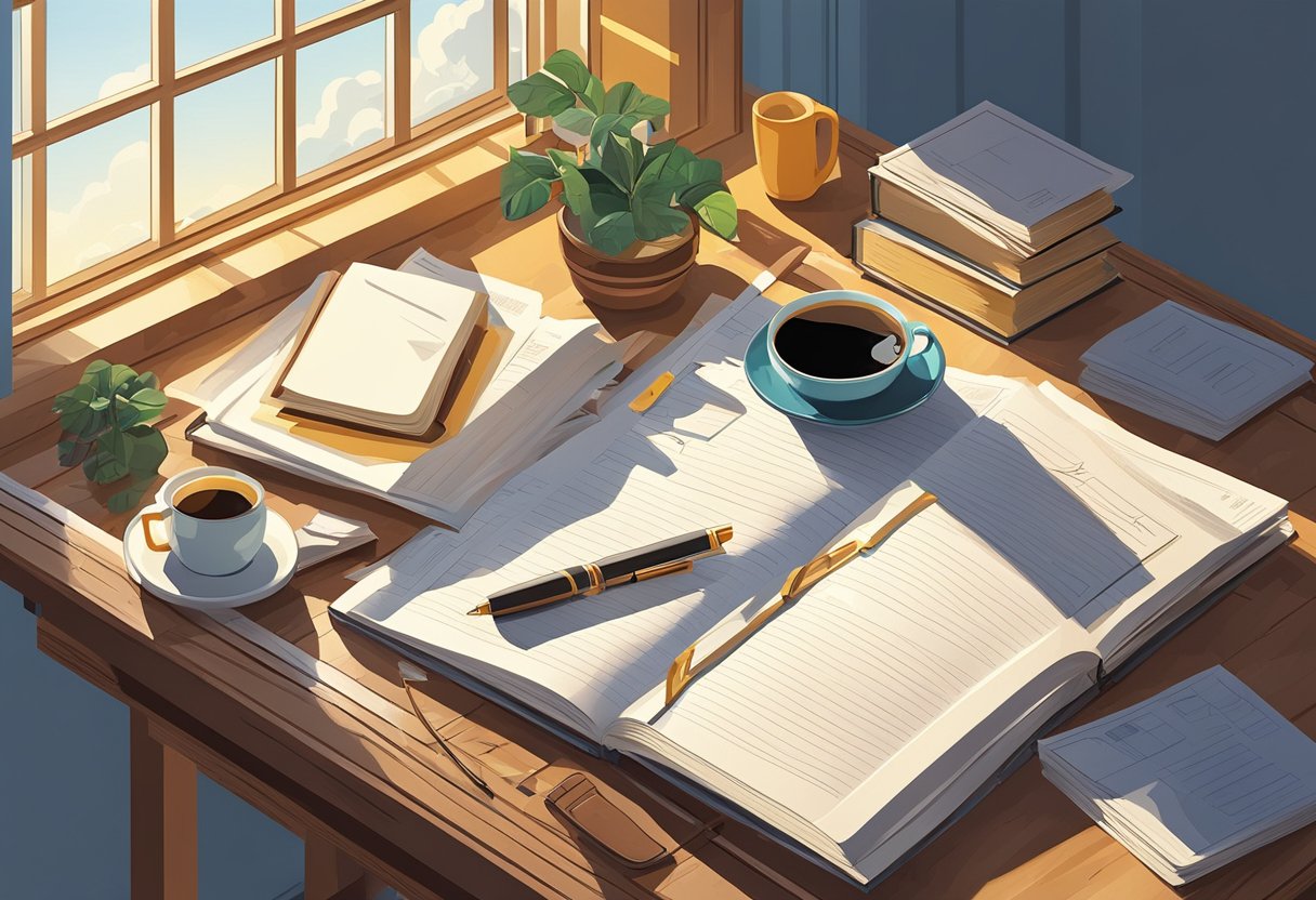 A desk with open journal, pen, and scattered papers. Sunlight streams in through a window, casting shadows. A mug of coffee sits nearby