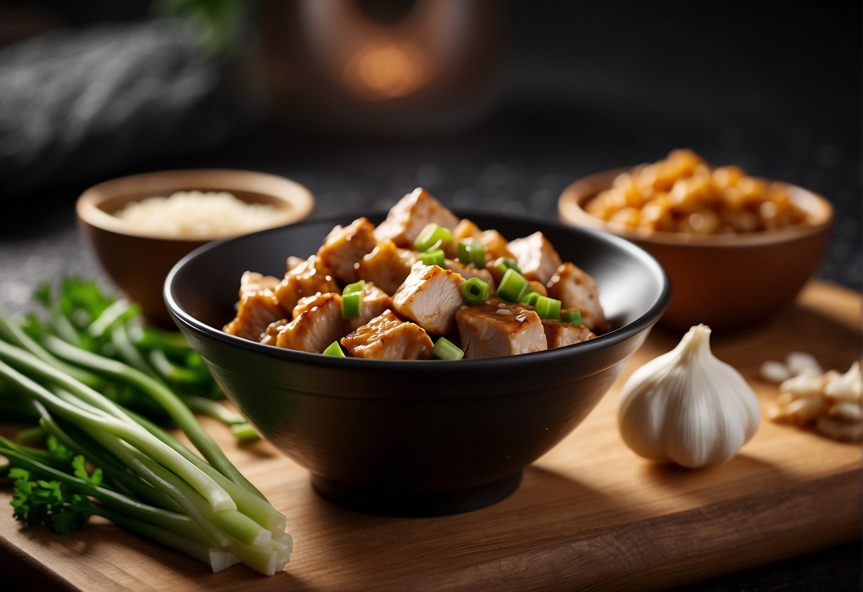 A bowl of soya sauce, diced chicken, ginger, garlic, and green onions on a wooden cutting board. Nearby are alternative ingredients like tofu, seitan, and tempeh