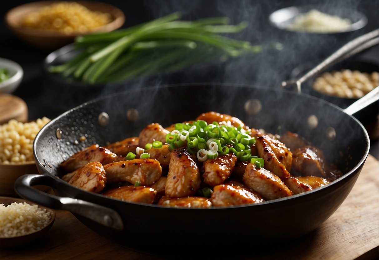 A chef marinates soya chicken in a mixture of soy sauce, ginger, and garlic. The chicken is then pan-fried until golden and served with a garnish of green onions