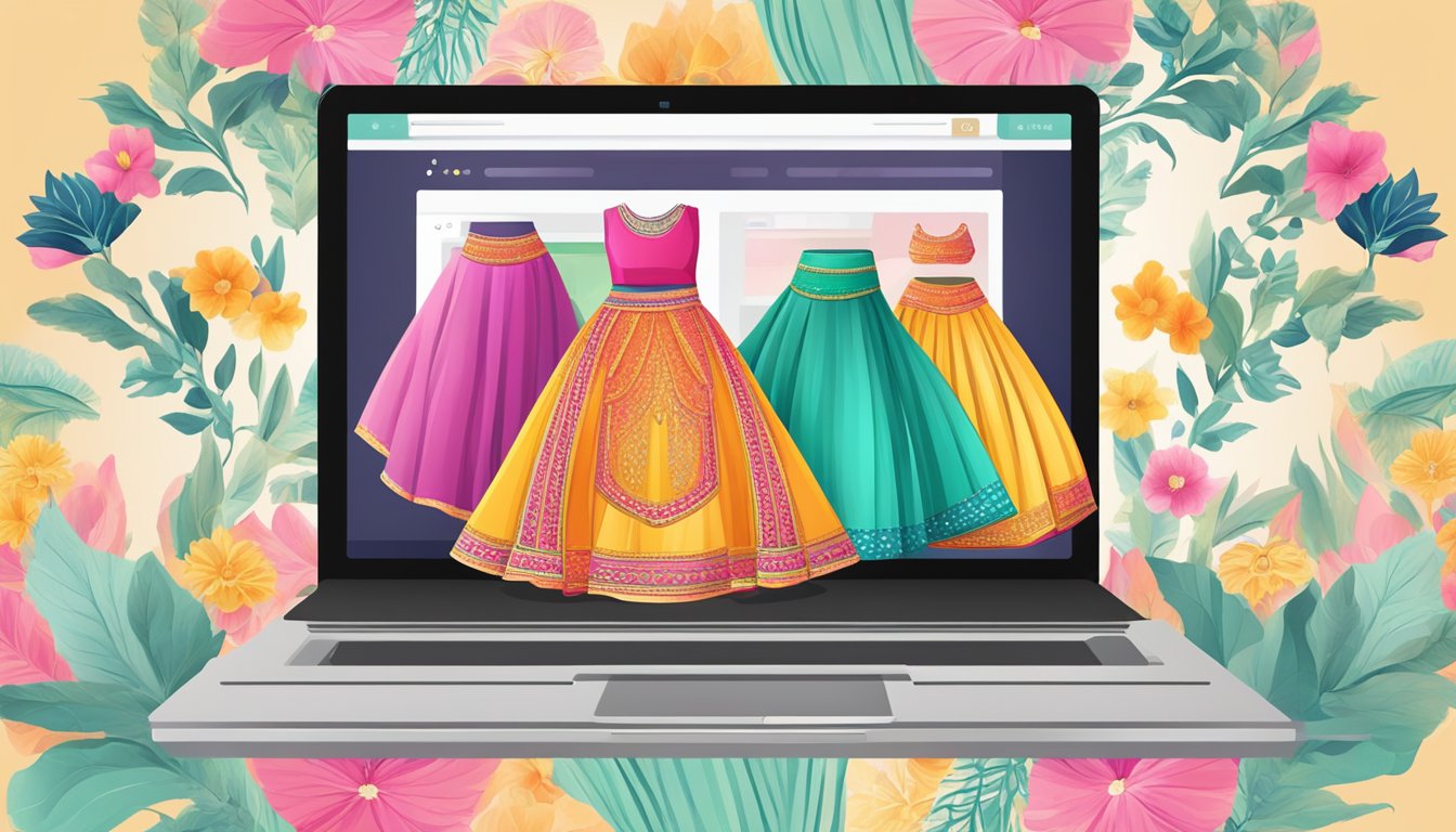 A computer screen displaying a vibrant lehenga skirt on an online shopping website