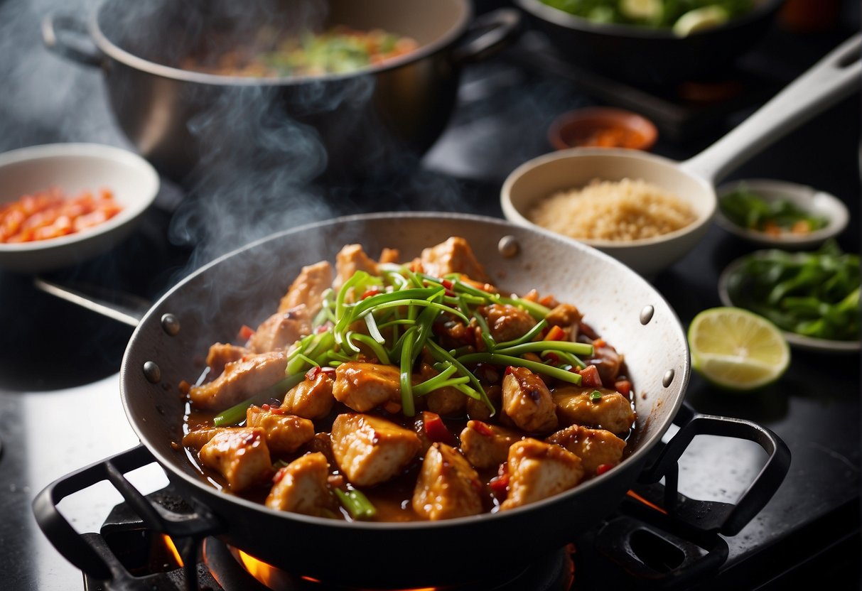 Sizzling soya chicken in wok, steam rising, Chinese ingredients nearby