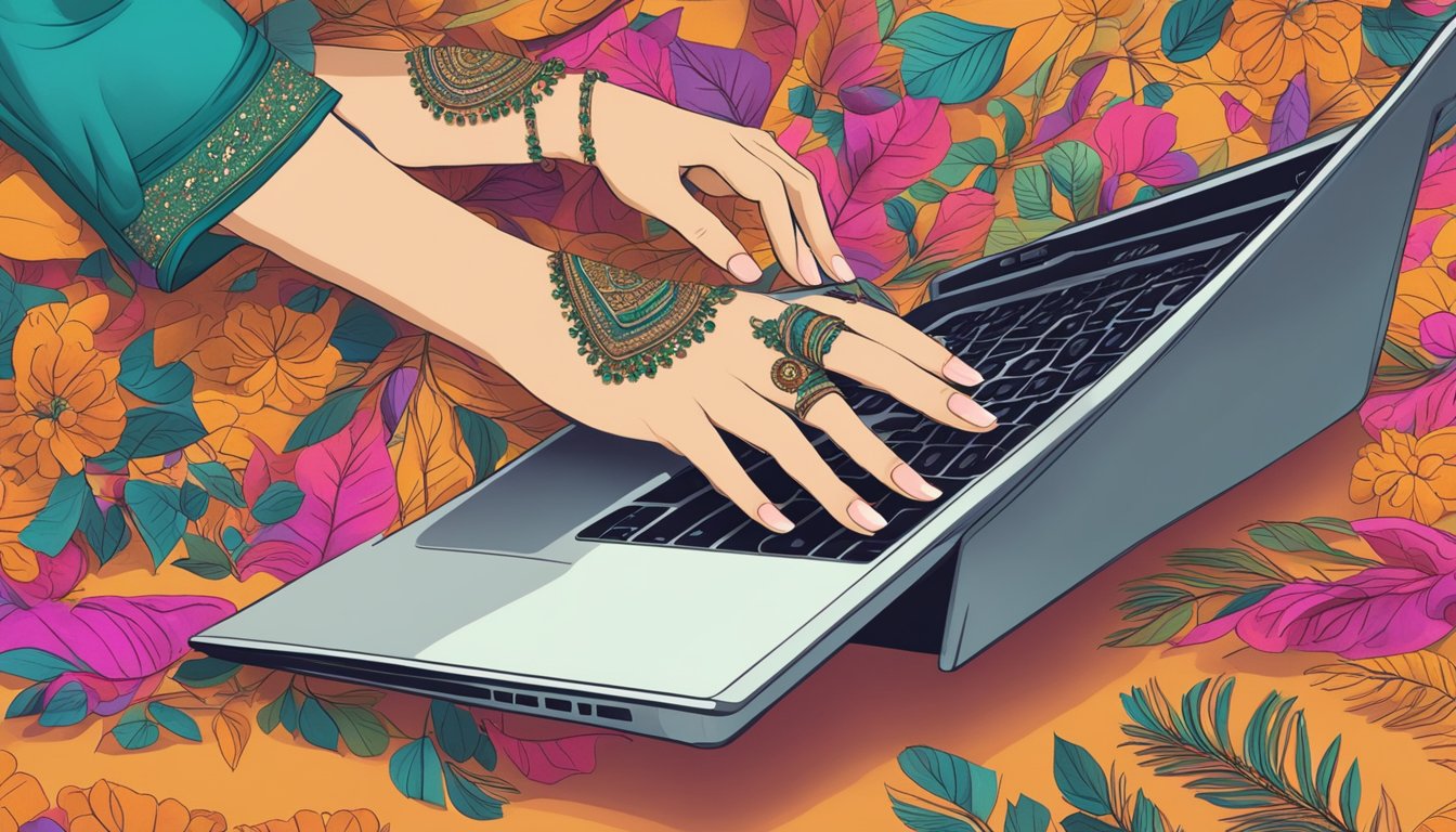 A woman's hand reaches for a vibrant lehenga skirt displayed on a computer screen, surrounded by festive decorations and traditional Indian motifs