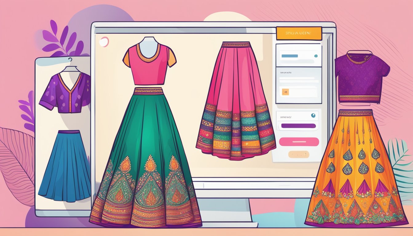 A computer screen showing a webpage with "Frequently Asked Questions buy lehenga skirt online" at the top, surrounded by colorful images of different lehenga skirts and a search bar