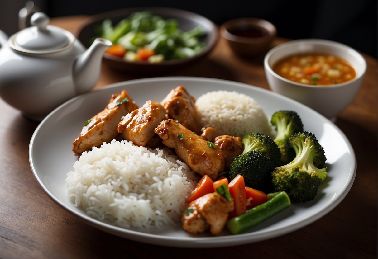 A plate of soya chicken with a side of steamed rice and stir-fried vegetables. A teapot and teacup on the side
