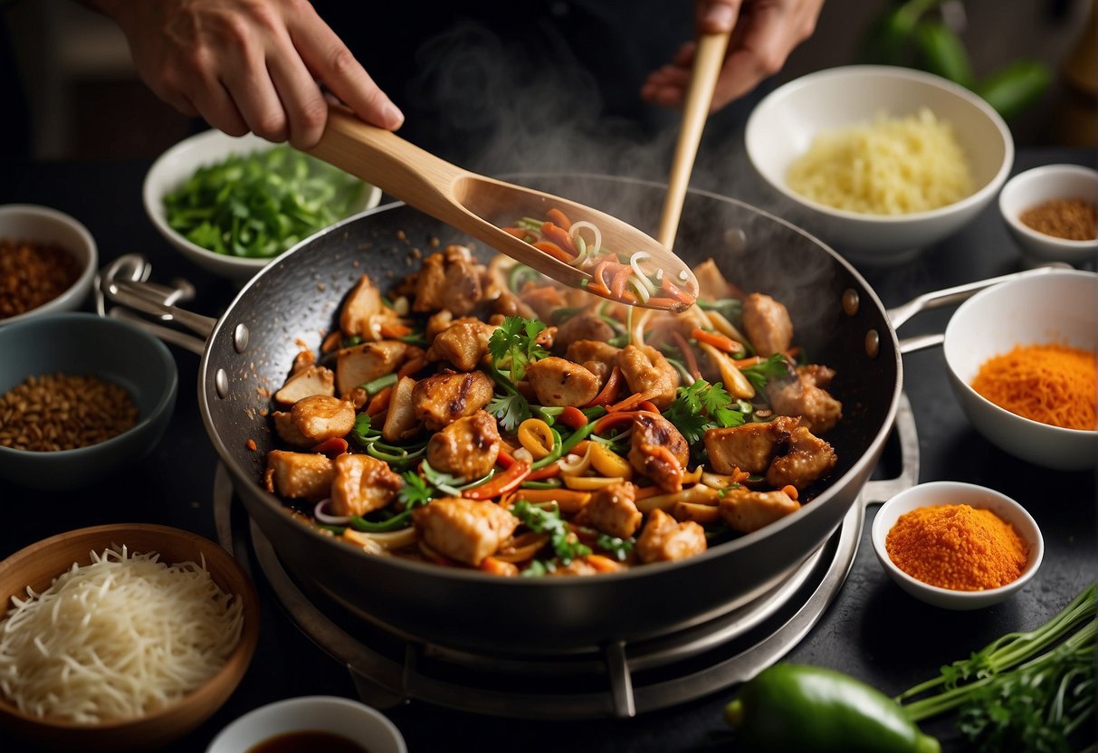 A chef stirring a wok with sizzling soya chicken and Chinese spices, surrounded by bowls of ingredients and cooking utensils
