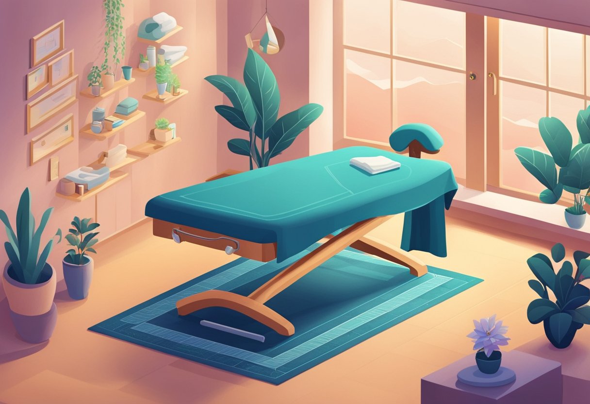 A serene setting with a massage table, soft lighting, and soothing music. A quote about the health benefits of massage displayed prominently