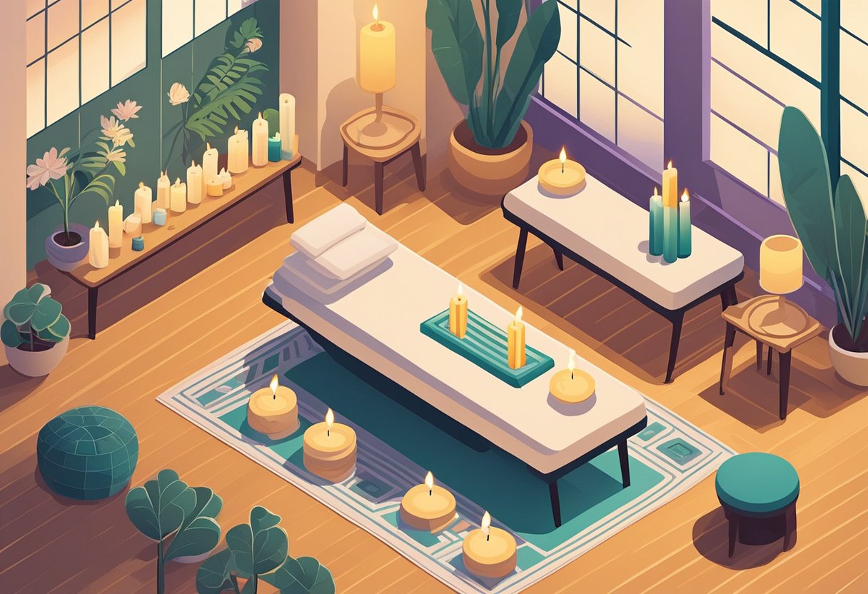 A serene scene with candles, soft lighting, and a massage table. A quote about self-care and well-being is displayed prominently in the room
