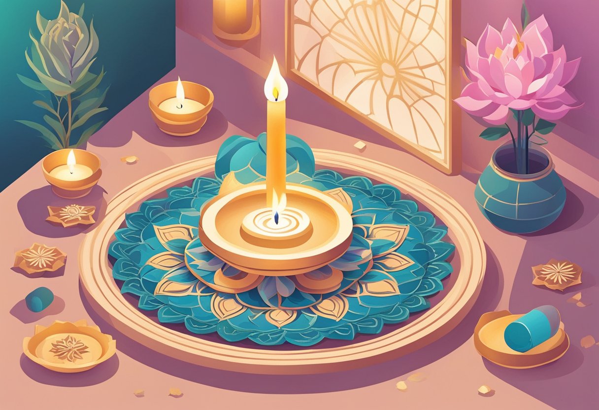 A serene setting with candles, incense, and spiritual symbols like mandalas and lotus flowers, evoking a sense of tranquility and mindfulness
