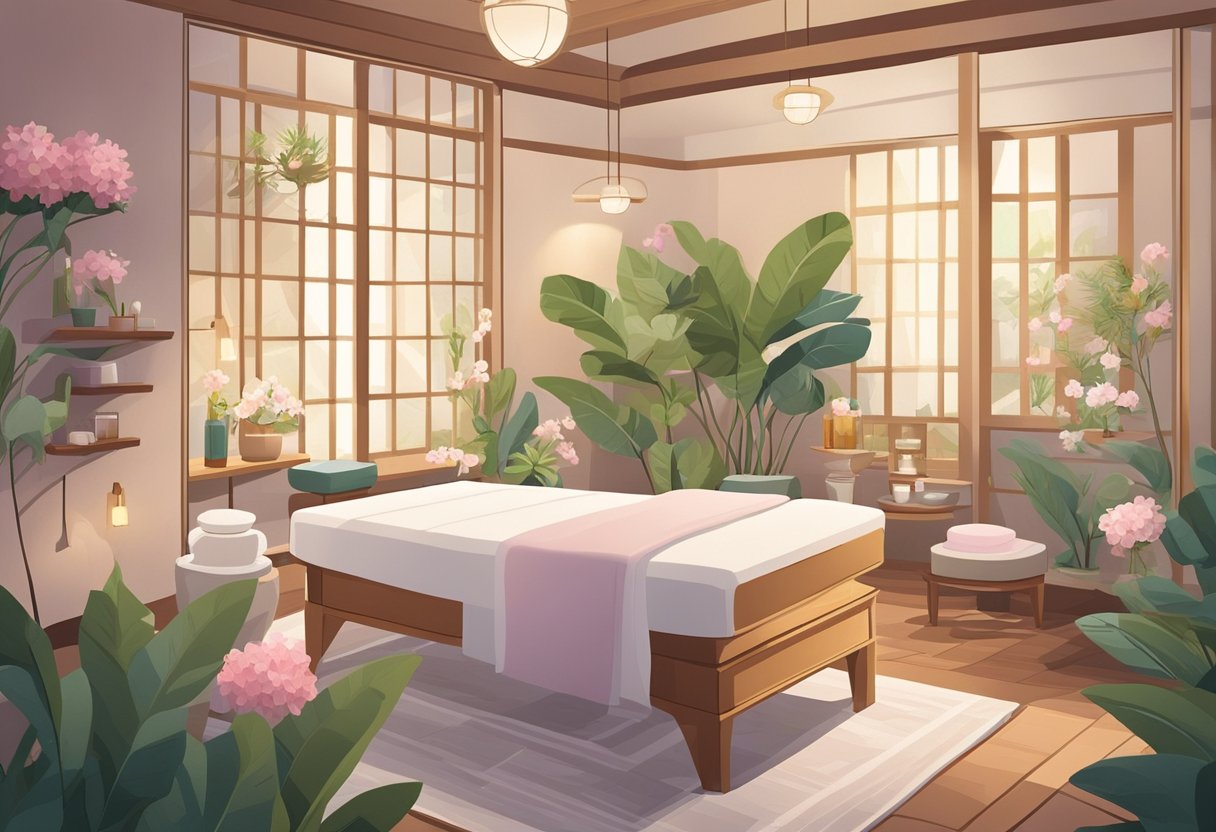 A serene spa room with soft lighting, calming decor, and a massage table adorned with fresh flowers and essential oils