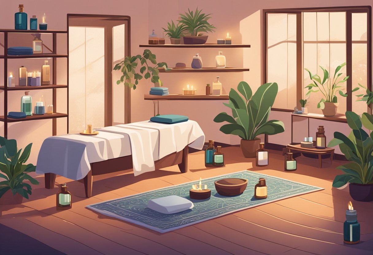 A serene room with soft lighting and soothing music, a massage table draped in luxurious linens, and a collection of aromatic essential oils and massage lotions arranged neatly on a nearby shelf