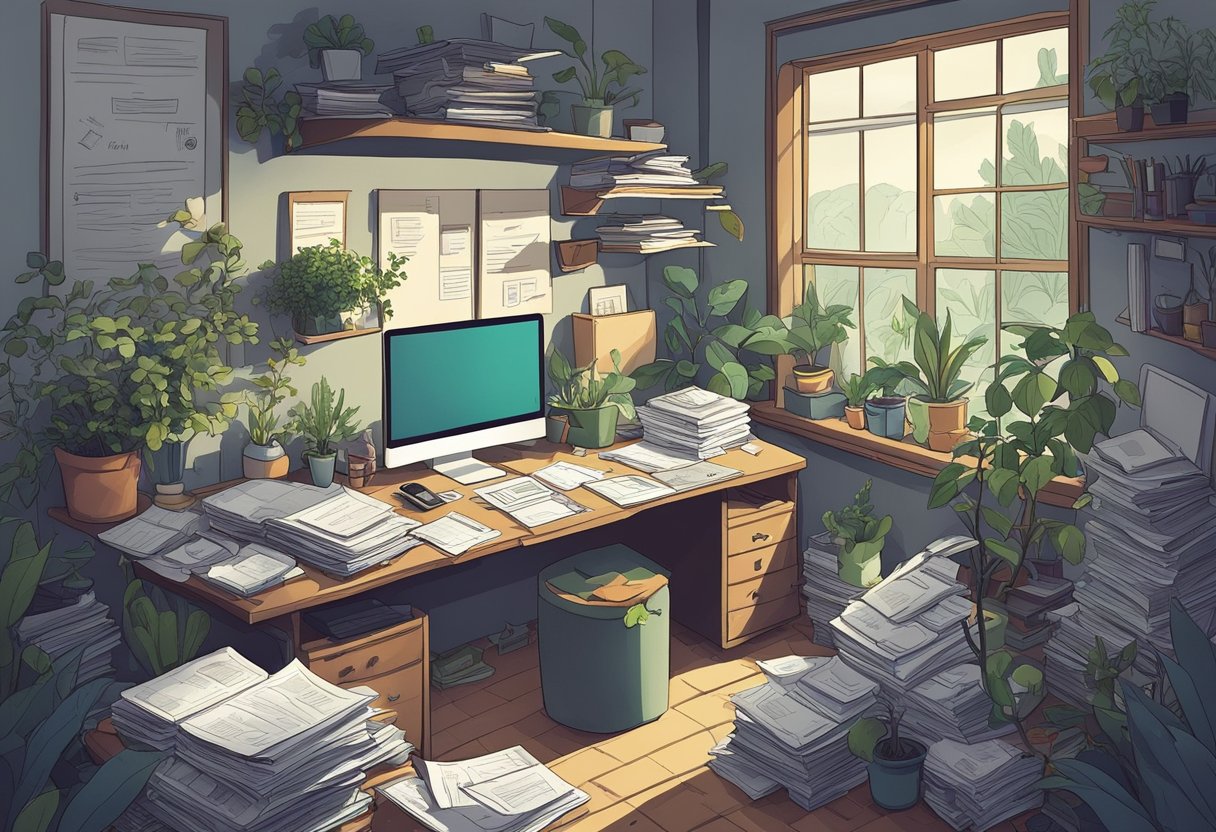 A cluttered desk with scattered papers and a neglected plant, overlooked and unappreciated. A dimly lit room adds to the feeling of neglect and underappreciation