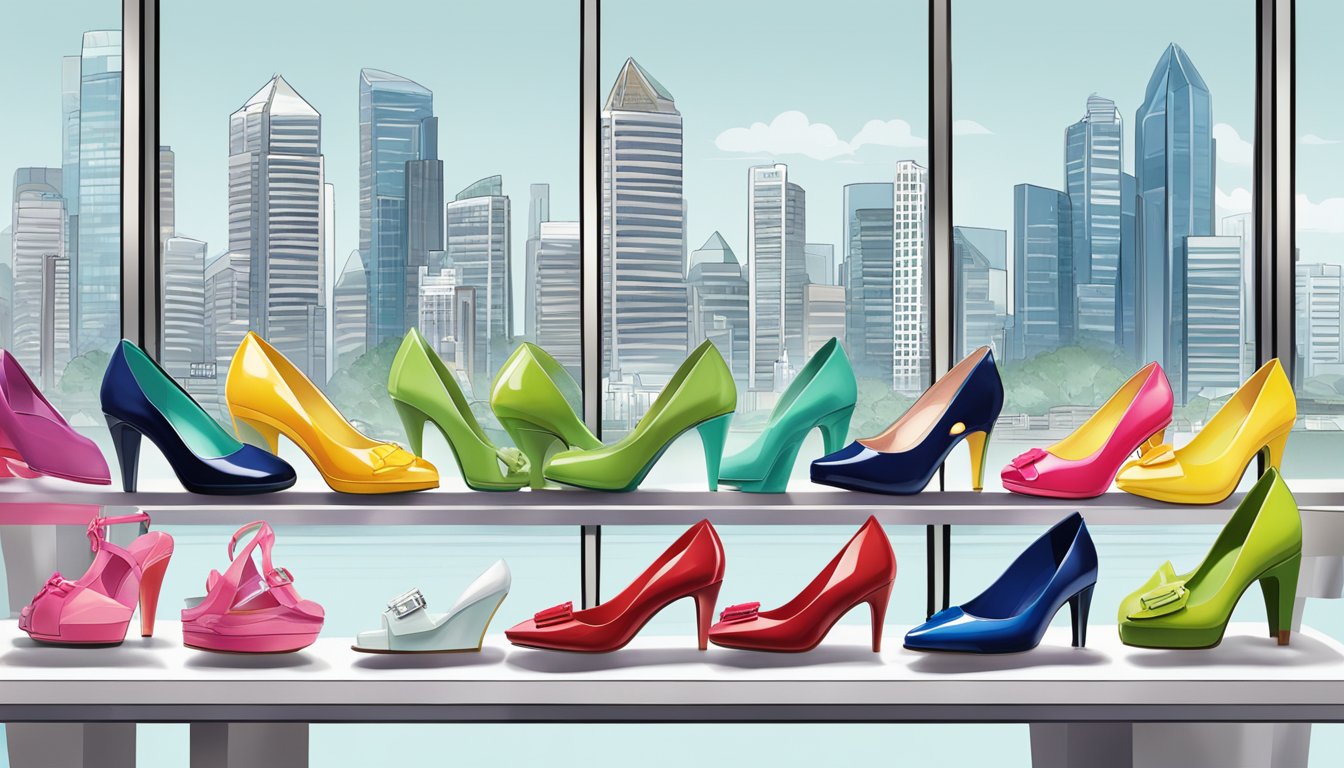 A colorful array of Melissa shoes displayed on a sleek, modern website with the Singapore skyline in the background
