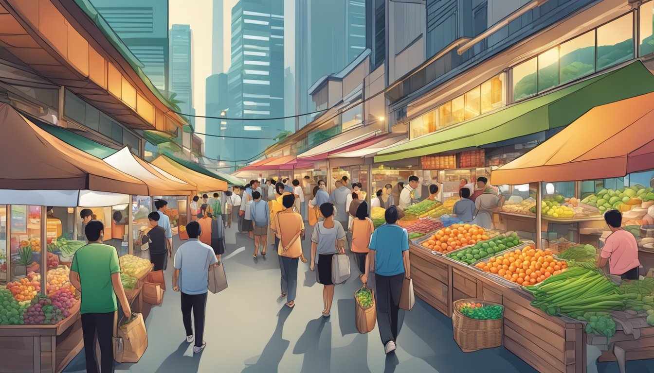 A bustling Singaporean market with diverse vendors and customers, showcasing a vibrant and dynamic business environment