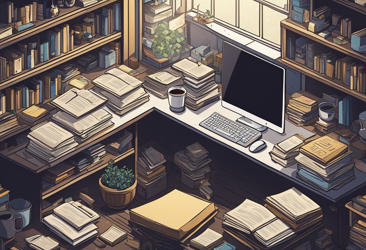A cluttered desk with scattered papers and a half-empty coffee mug. A dimly lit room with a single window covered in dust. A bookshelf filled with old, forgotten novels