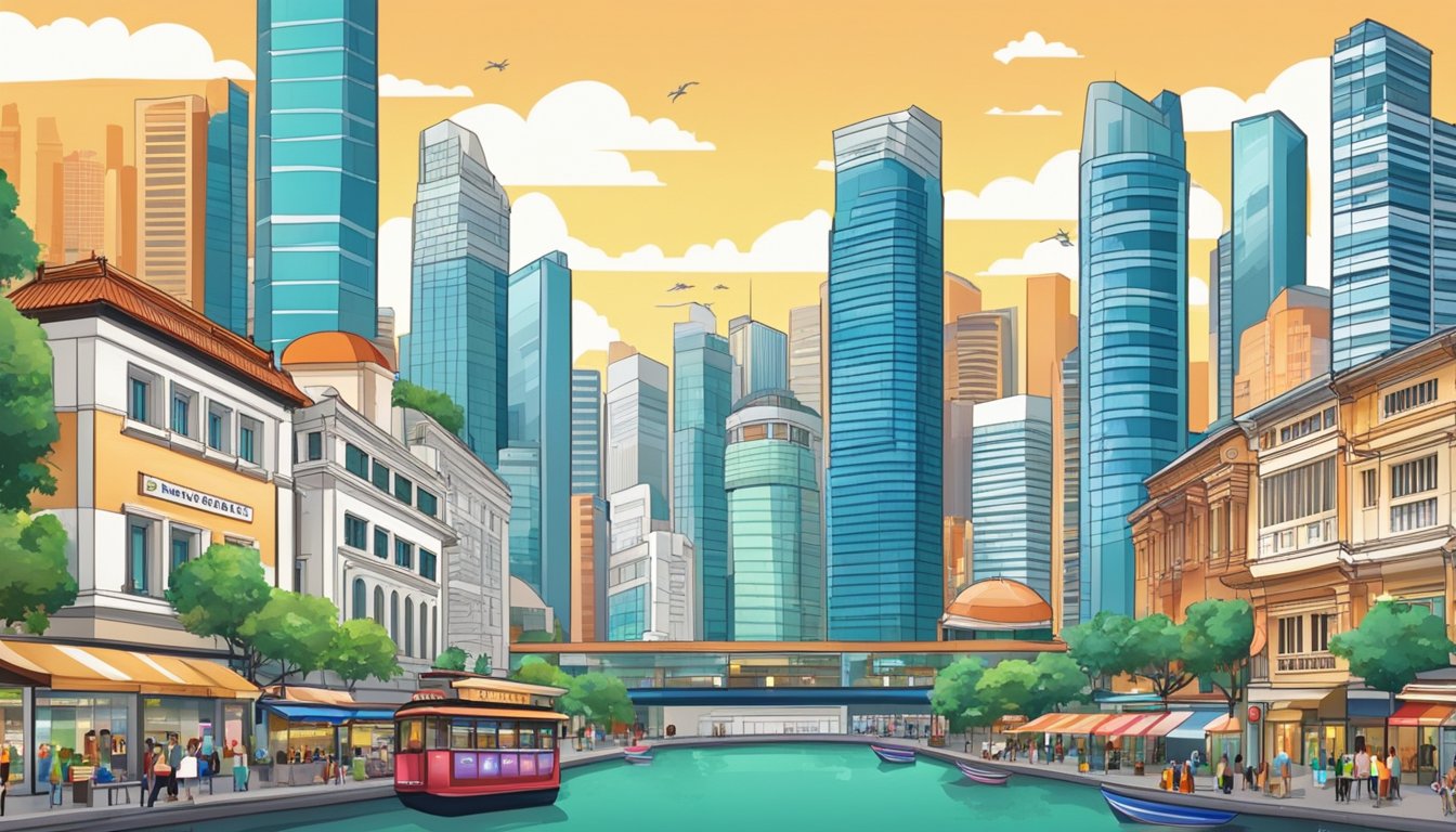 A bustling Singapore cityscape with iconic landmarks and diverse businesses. A mix of modern skyscrapers and traditional shophouses line the streets, showcasing the vibrant economy and entrepreneurial spirit of the city