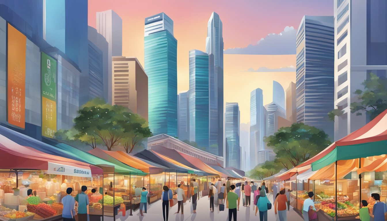 A bustling Singapore cityscape with skyscrapers and vibrant street markets, showcasing the dynamic business environment and diverse marketing opportunities