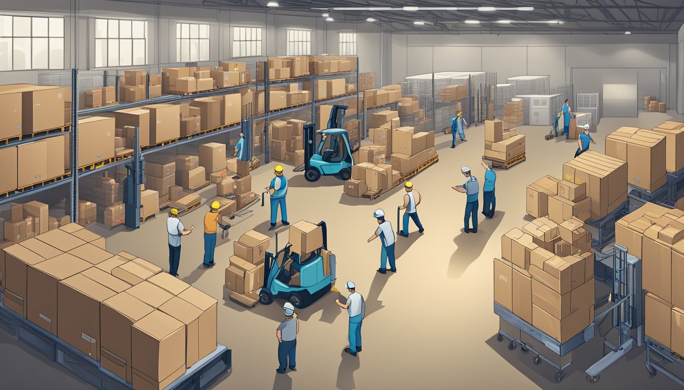 A bustling warehouse with workers moving boxes and equipment, while managers oversee operations and logistics. A flowchart or business plan is visible on a nearby whiteboard