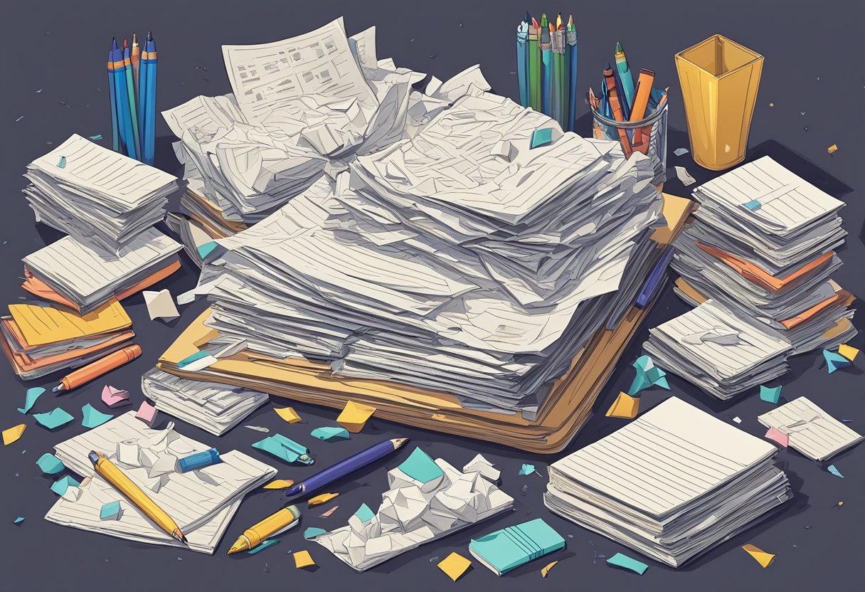 A pile of crumpled papers, scattered pens, and a neglected notebook on a cluttered desk. A dimly lit room with a single flickering light overhead
