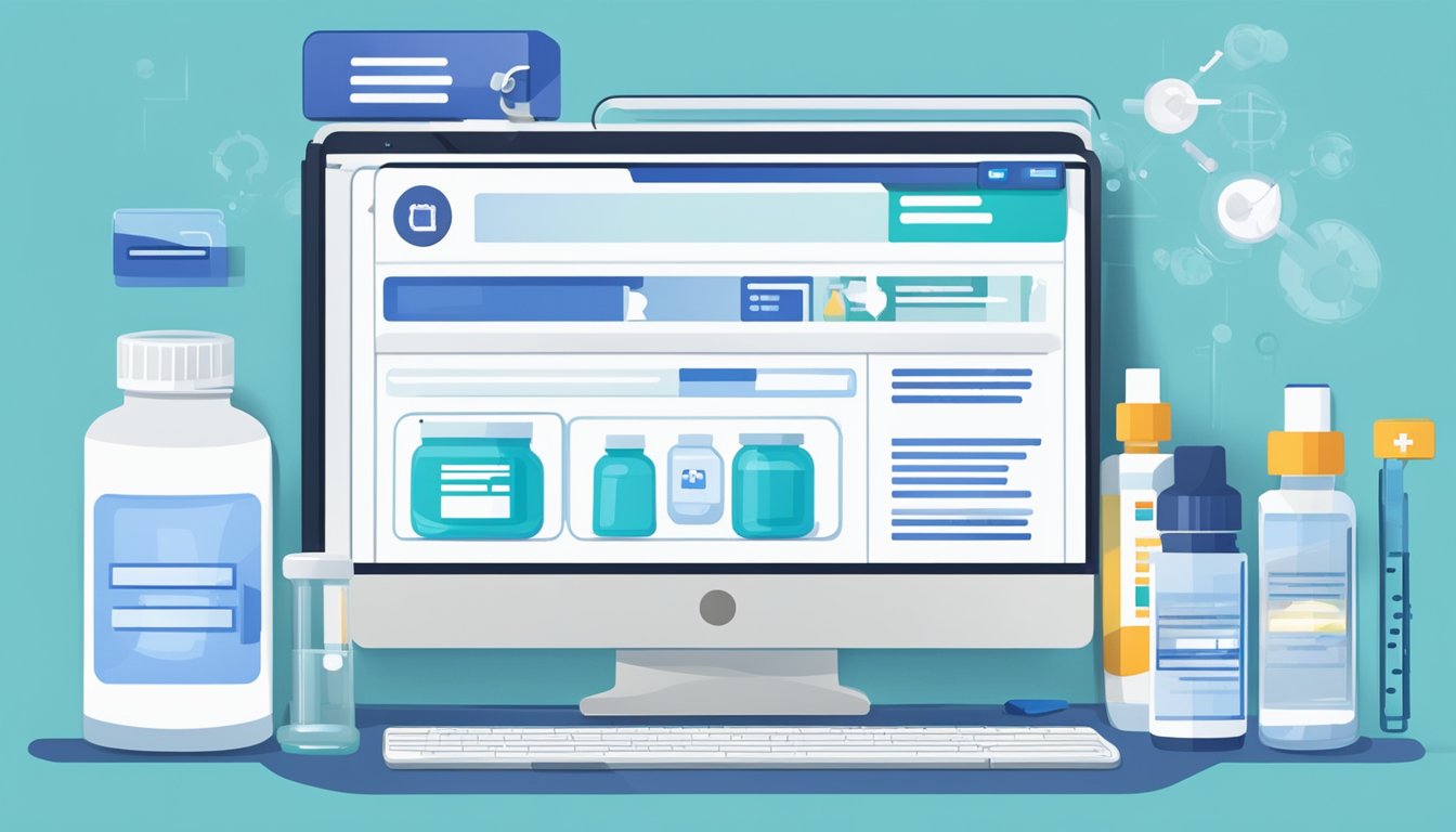 A computer screen displaying a website with a "buy metformin online" button highlighted in blue, surrounded by medical supplies and a prescription bottle
