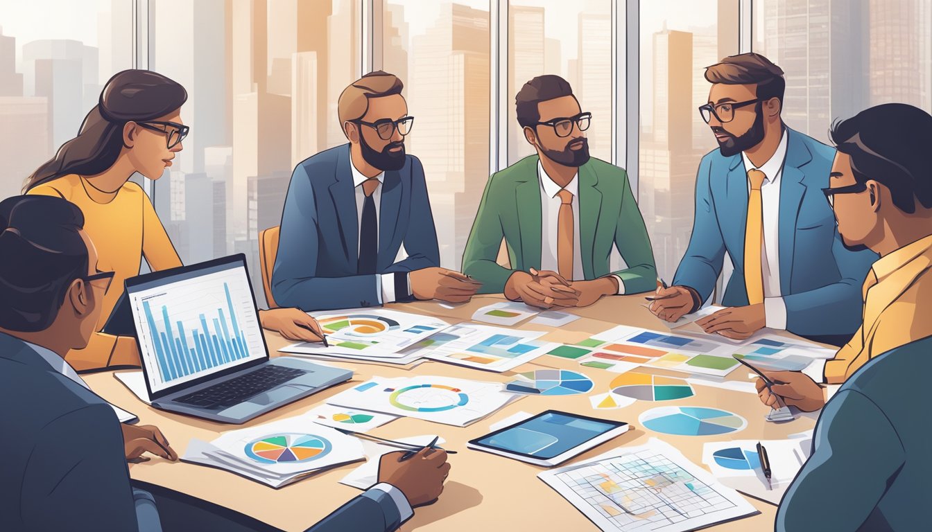 A group of business professionals gathered around a table, discussing and strategizing for potential risks and milestones in their business plan. Charts and graphs are spread out in front of them, as they engage in deep conversation